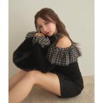 tシャツ チェックフリルオフショルダートップス レディース