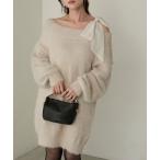 ワンピース 「Cherir Mignon」ショルダーリボンオフショルラメフェザーヤーンニットミニワンピース