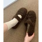 スリッポン ボアリボンシューズ／韓国風ガーリーもこもこフラット レディース