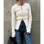 カーディガン ボタンリブカーディガン(chiica select) / リブニット 長袖 クルーネック ロング丈 チュニック ロングスリーブ 赤ニット