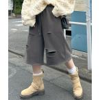 スウェットパンツ ジャージ 「セットアップで着られる」ダメージいっぱいゆるめスウェットハーフパンツ レディース