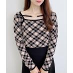 ニット セーター パールビット付きチェックニット レディース