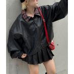ブルゾン アウター チェック襟フェイクレザーバルーンショートブルゾン レディース