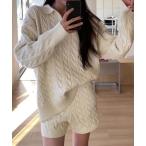 ニット セーター レディース 長袖ケーブル編みスキッパーニットトップス+リブショートパンツ 上下2点セット「セットアップ」 レディース