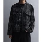 ジャケット ノーカラージャケット ツイードカットオフフリンジ シルバーボタンショートノーカラーブルゾン メンズ レディース