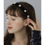 カチューシャ 「LA MUE」パール＆ビジュー付き ベロアカチューシャ