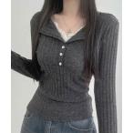 tシャツ レースドッキング リブニットトップス 長袖 レディース