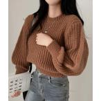 ニット セーター クルーネックボリュームスリーブショート丈ニット レディース