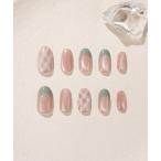 ショッピングネイルシール ネイルチップ ネイルシール 水光ネイルピンクマグネットエメラルドグリーンフレンチチェックオーバルネイルチップ