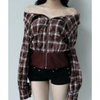ショッピングオフショルダー tシャツ レザーミックスチェックオフショルダートップス レディース