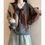 ショッピングリボン tシャツ レースVネック　フロントリボン　ニットプルオーバー レディース