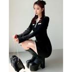 ショッピング韓国 ワンピース バイカラーニットポロワンピース