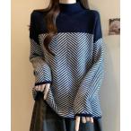 ショッピングカントリー ニット セーター レディース 長袖バイカラー配色ヘリンボーンクラシカルジャガードニットトップス タートルネック レディース