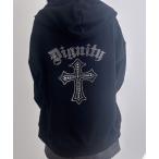 パーカー バックラインストーンクロススウェットチュニックパーカー レディース