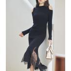 ワンピース レースドキングオープンショルダーニットミディ丈ワンピース