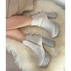 ブーツ 「ラク盛り/ショートブーツ」バックリボングリッターヒールショートブーツ レディース