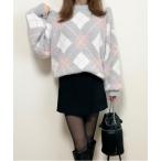 ショッピングアーガイル ニット セーター ふわふわドロショルモヘアアーガイルニット レディース