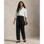 パンツ ベルテッド チェック ウール プリーテッド テーパード パンツ レディース