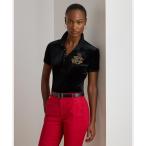 ポロシャツ ポロ ビーデッドロゴ ストレッチ ベルベット ポロシャツ レディース