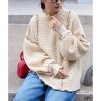 ニット セーター 「マシンウォッシャブル」ヘビーワッフル メロー ボリュームスリーブ オーバーサイズ ハイネックニット レディース