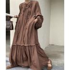 ワンピース 襟リボン　切替フリルマキシ丈ワンピース