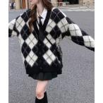 ショッピングアーガイル カーディガン アーガイル柄 オーバーサイズニットカーディガン / ルーズシルエット(CZ) レディース