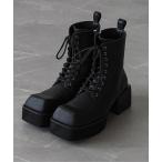 ブーツ 「ELLUV/エルヴ」＋7cmボリュームヒール メタルアクセント レースアップスクエアトゥブーツ メンズ レディース