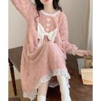 パジャマ ルームウェア リボン フレア ふわもこルームウエアワンピース レディース