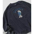 トレーナー スウェット SMURFS/スマーフ フロッキープリント クルーネックスウェット/リラックスフィット メンズ レディース