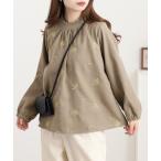 ブラウス シャツ ミモザ刺繍フリルブラウス ストライプ レディース