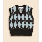 ショッピングアーガイル ベスト ジレ キッドモヘアブレンド　チョコミントアーガイル　Vネックベスト レディース