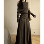 ショッピングオフショルダー アシンメトリーオフショルダートップス＋ロングスカートセットアップ レディース