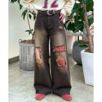 ジーンズ デニム デニムパンツ ドット×チェックダメージデニムパンツ レディース