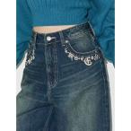 ジーンズ デニム デニムパンツ ポケットエンブロイダリーワイドデニムパンツ レディース