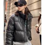 ダウンコート ダウンジャケット フェイクレザーショートダウンジャケット レディース