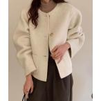 ショッピングパープル ジャケット ノーカラージャケット ノーカラー圧縮フェルトジャケット レディース