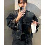 デニムジャケット gジャン 「NOWLE」ヴィンテージウォッシュ ノーカラー ショート デニム ジャケット メンズ