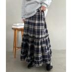 ショッピング柄 スカート チェック柄ティアードフリルロングスカート