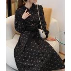 ショッピング花柄 ワンピース 花柄 クレリック リボンベルト付 長袖 ロングワンピース