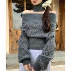 ニット セーター オフショルダータートルネックケーブルニット レディース