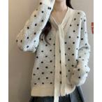 ショッピングニットタイ カーディガン 「25年秋冬新作」リボンタイ付きドット柄ニットカーディガン　「トレンドアイテム」 レディース