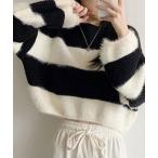 ニット セーター 「モノトーン×異素材MIX」シャギーレイヤードボーダーニットトップス レディース