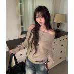 ショッピングオフショルダー ニット セーター シンプルルーズオフショルダーニット レディース