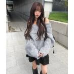 ニット セーター シュシュ付きオフショルダールーズシャギーニット レディース