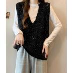 ショッピングスパンコール ベスト ジレ スパンコールVネックニットベスト レディース
