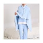 パジャマ ルームウェア リバーシブルウォームフリース 4WAYポンチョ L ライトブルー レディース