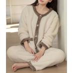 パジャマ ルームウェア 「セットアップ/金釦でレディな雰囲気」長袖ノーカラーパイピング×もこもこボアルームウェア 上下2点セット レディース レディー