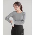 ニット セーター スカラップフリルカフス長袖リブニット レディース