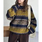 ショッピングレトロ セーター ニット レトロボーダージャガードニットプルオーバー メンズ レディース