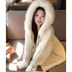 コート アウター ファー取り外し可 フード付きニットガウン／ゆるシルエット レディース